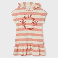 Vestito manica corta per ragazza. Colletto con cappuccio. Design con volant decorativo nella parte bassa. Trama a righe.  –  Mayoral  –  6932-23